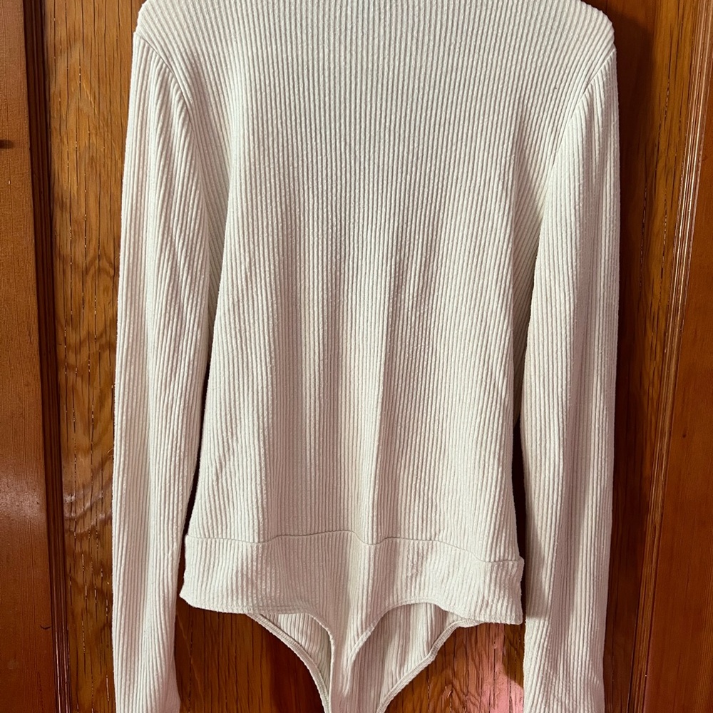 Express Cream Ribbed Wrap Top - Picture 3 of 6